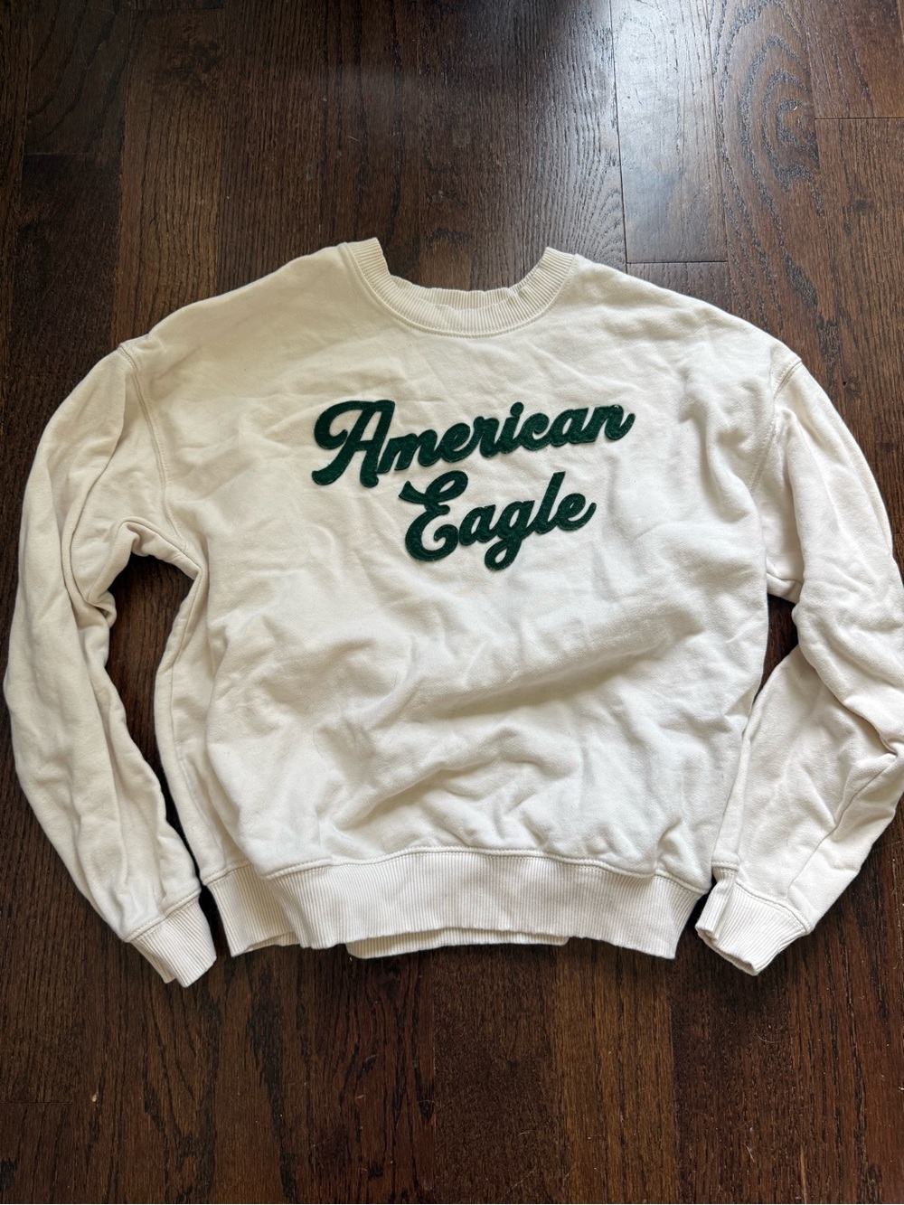 American Eagle Outfitters Cream Crewneck Sweatshirt with Green Script Logo